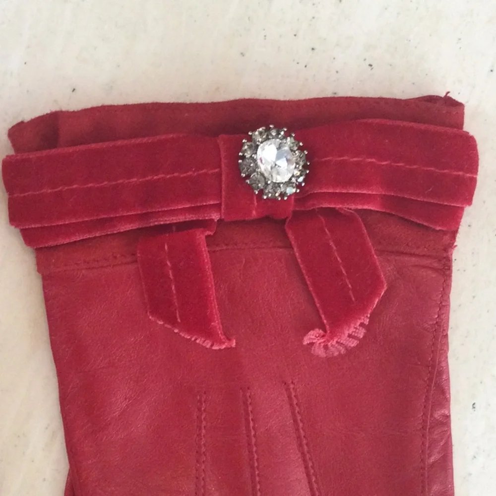 Vintage Coach Red Leather Gloves Silk Lining Women Size 8 Velvet Trim Rhinestone